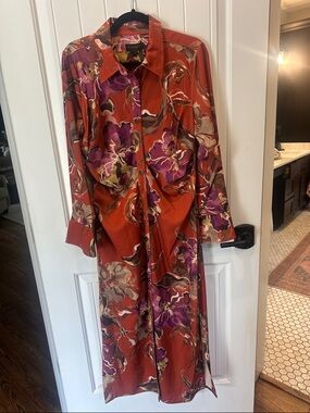 Donna Karan Rust Floral Midi Dress with Purple Accents